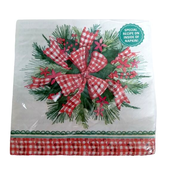 Christmas Dinner Napkins Gingham Ribbons Bows Pioneer Woman 2 Ply 20 Count - Picture 1 of 5